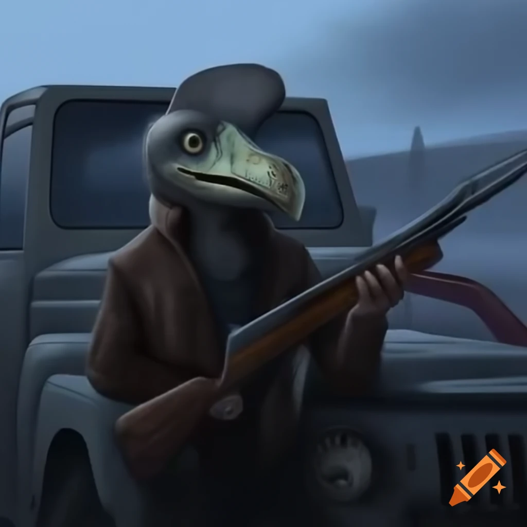 Man with Shoebill head in leather jacket holding rifle next to old Mazda car