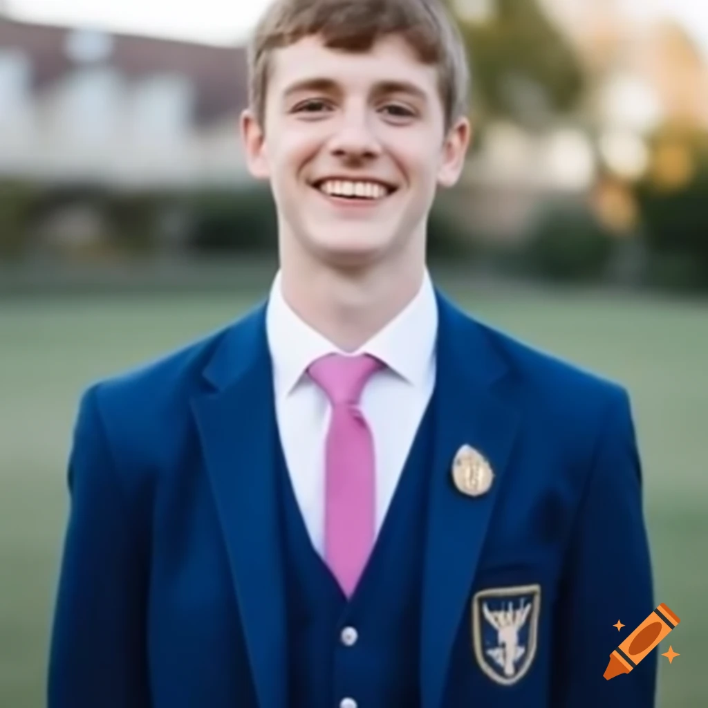 Slim young student in dark blue suit with pink tie on craiyon