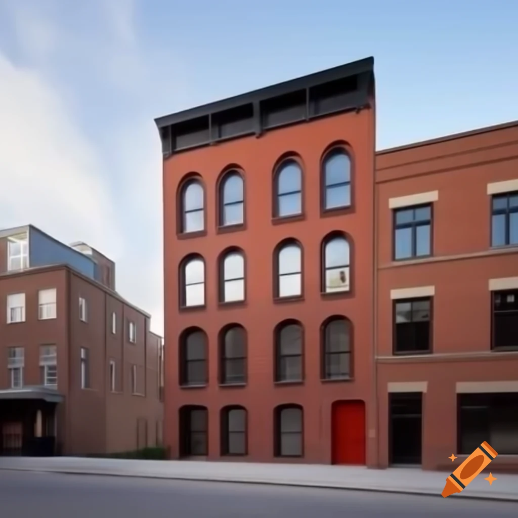 Five-story red brick residential building with mill/warehouse aesthetic