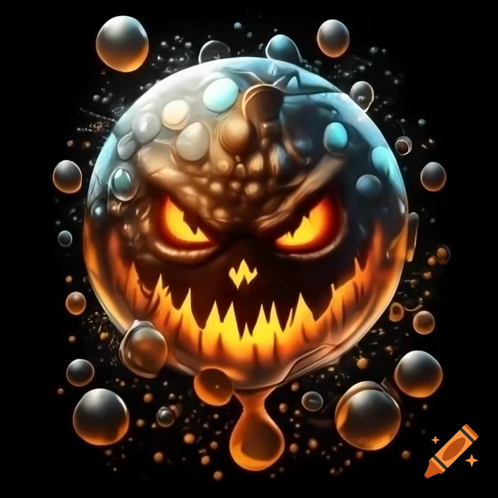 Hyper realistic fantasy monster bubble with brown eyes and pumpkin mouth, mid-air with rainbow effect