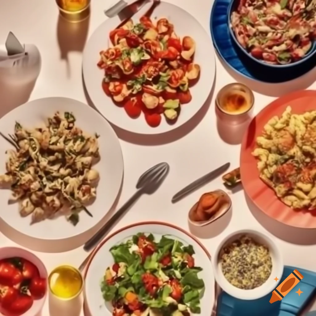 Vibrant spread of diverse dishes including salad, pasta, and dessert with herbs and spices