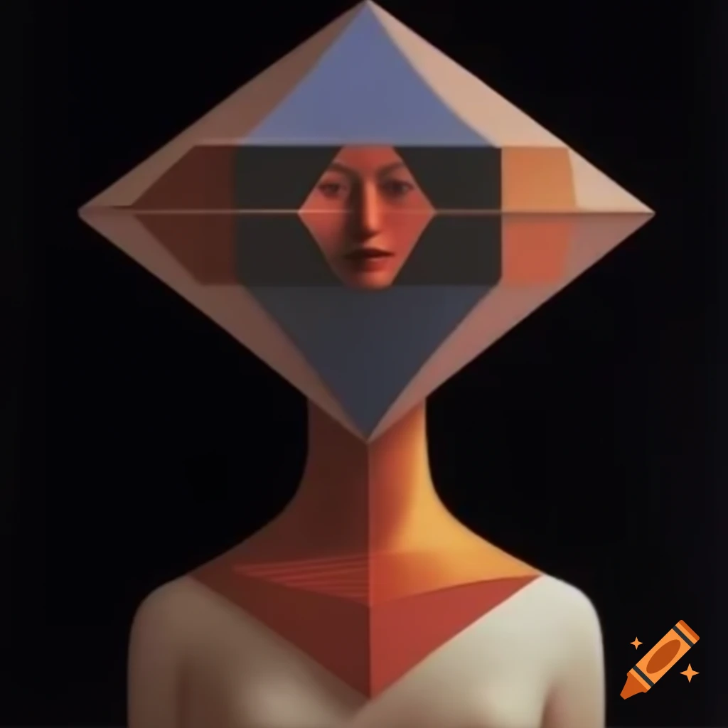 Surreal human figure with geometric head and smooth forms against simple colors