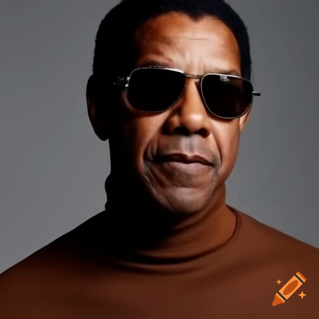 Denzel Washington in sunglasses and brown turtleneck shirt on grey background