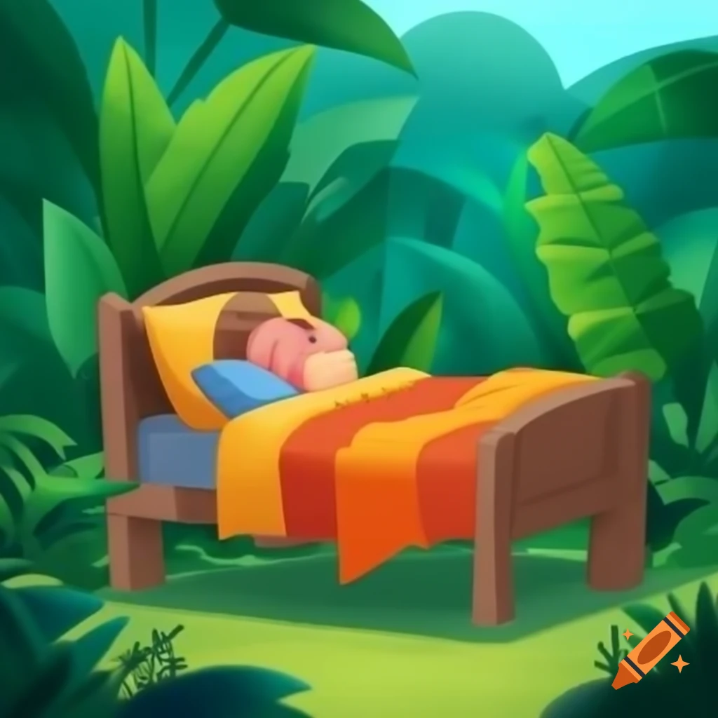 Cartoon bed placed in a vibrant jungle setting
