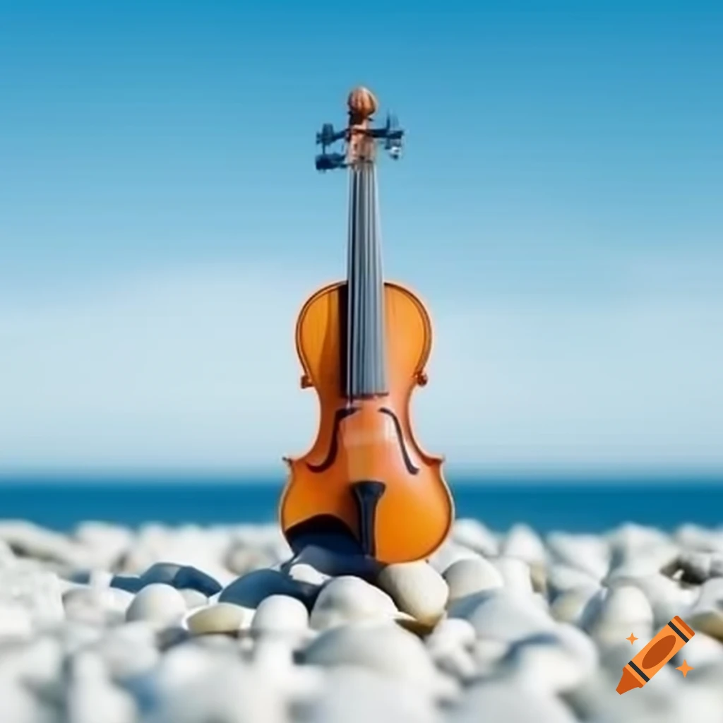 Small violin shaped like eternity sign against sea horizon and sky
