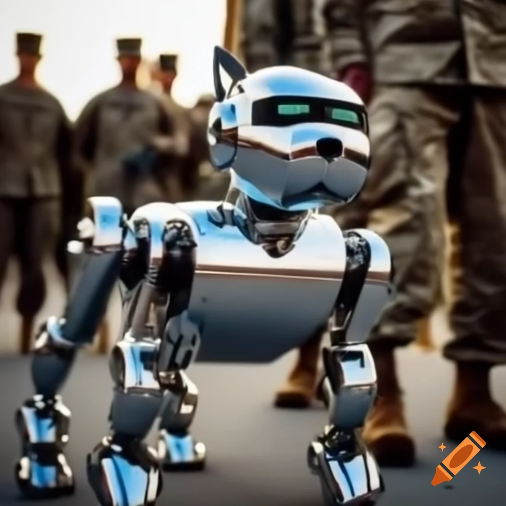 Chrome-plated robotic canine next to a soldier