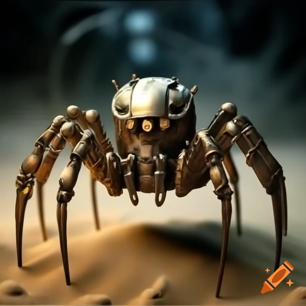 Steampunk robot spider with fangs in sandy background
