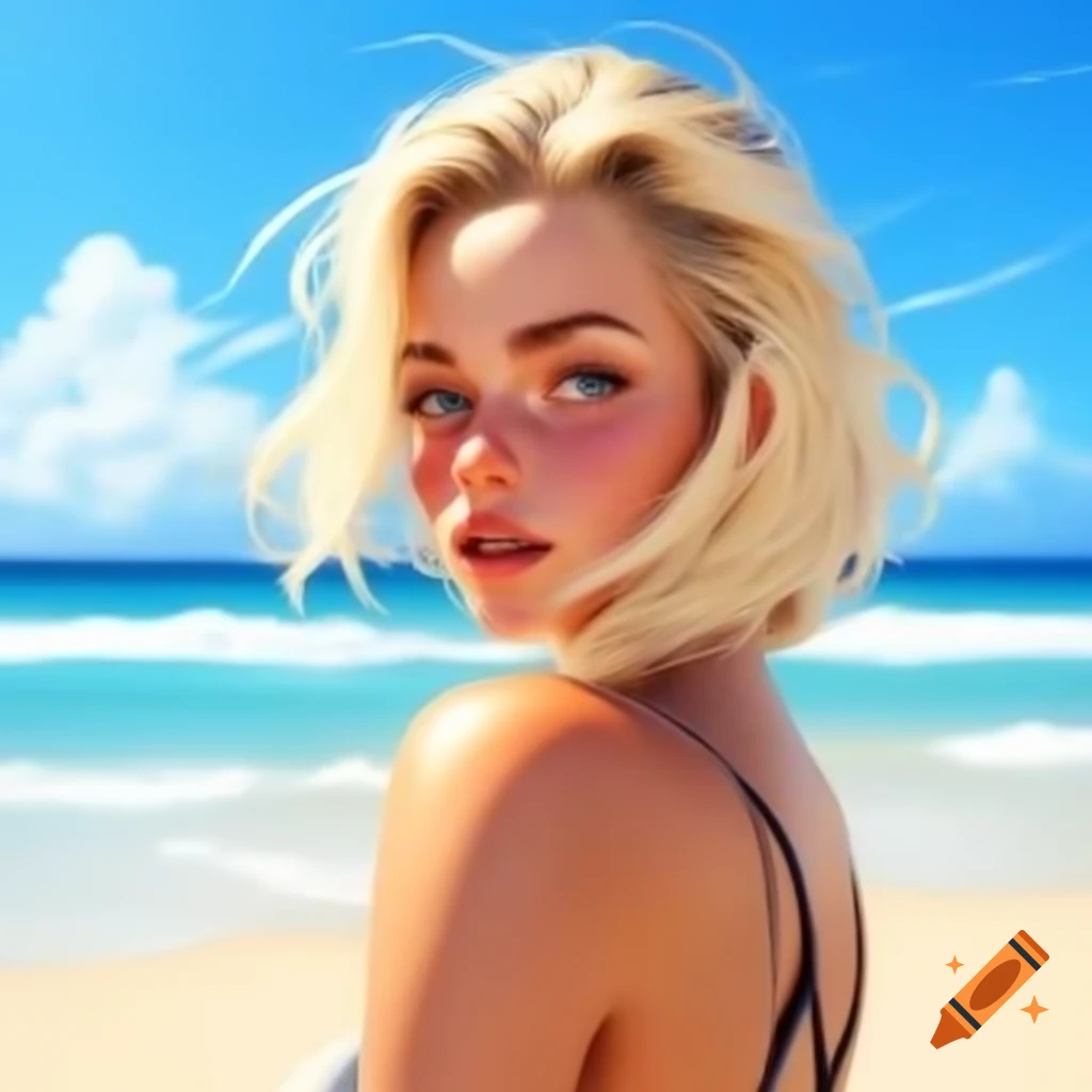Blonde woman standing on sunny beach