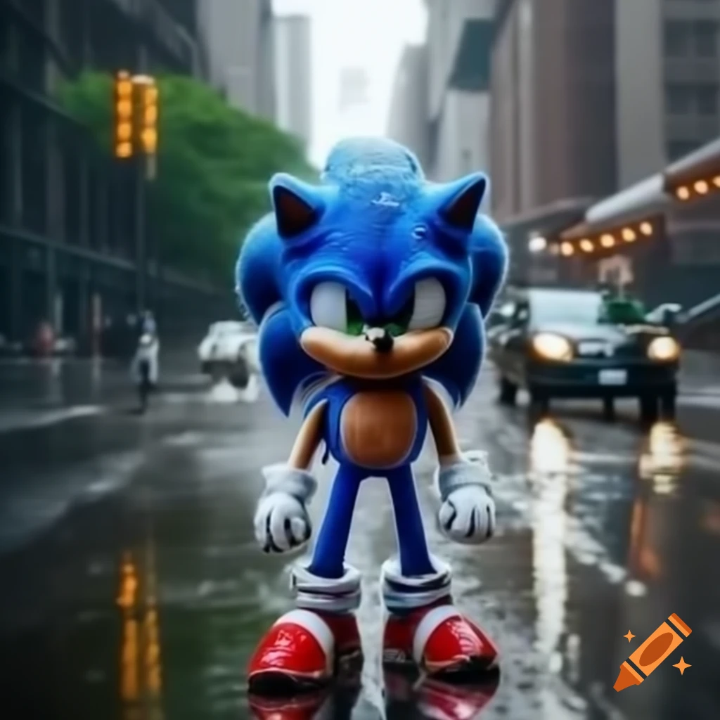 Sad Sonic The Hedgehog walking in heavy rain on New York City streets