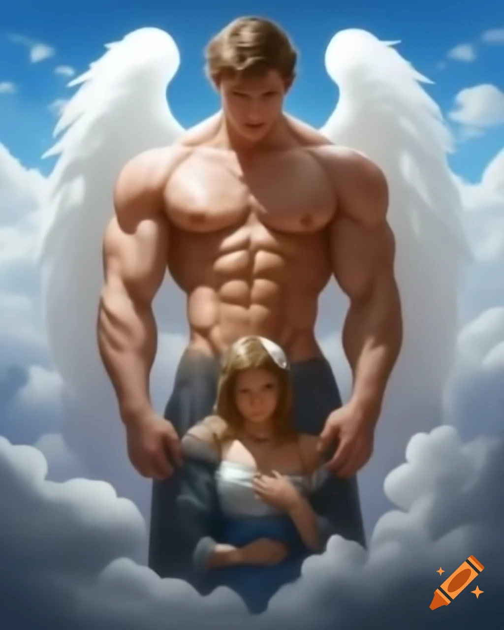 Big muscular angel and human male boyfriend in heavenly clouds