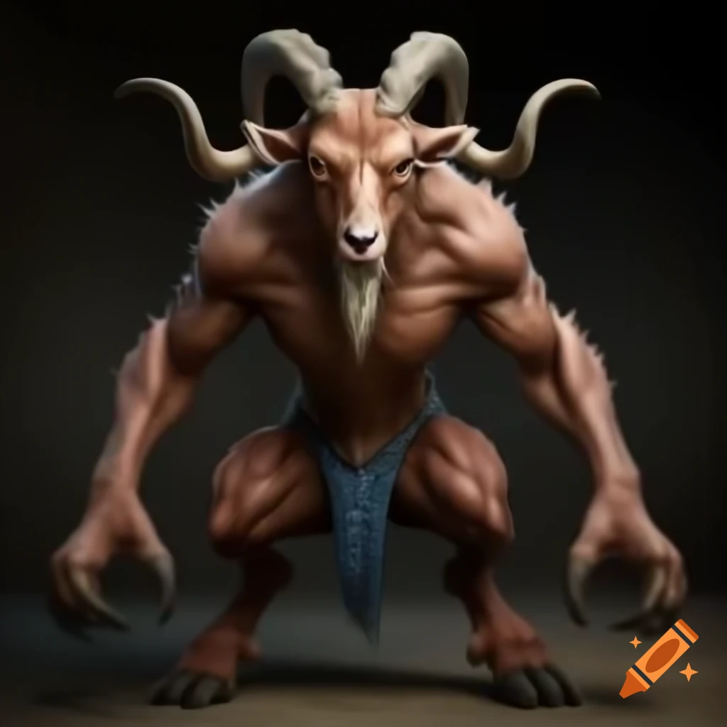 Goat-headed demon with large horns and muscular build in blue shorts
