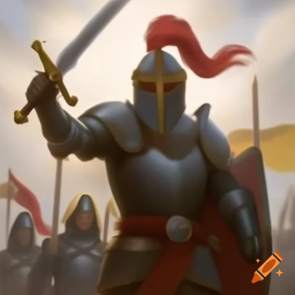 Recruitment poster featuring Henry V in armor with raised sword, red and gold colors