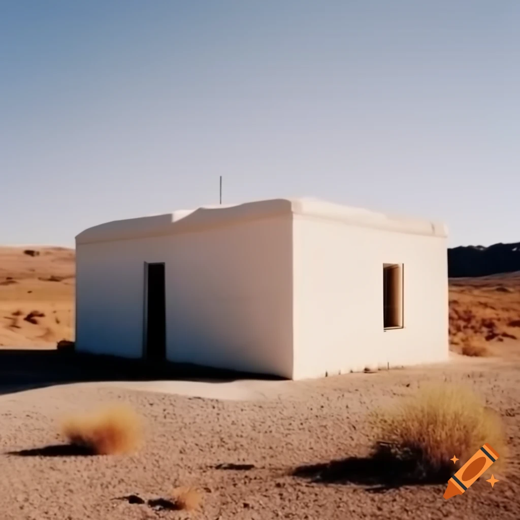Small stone house in rocky desert landscape under murky sky
