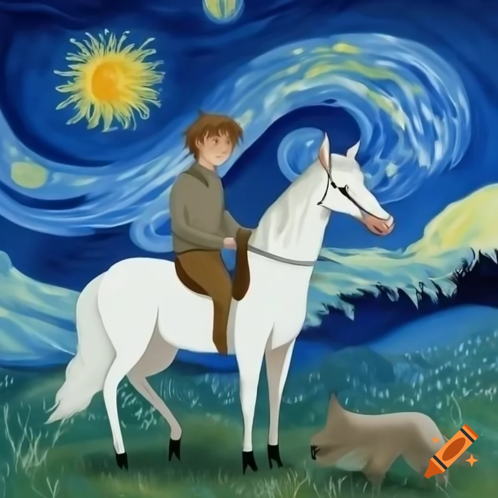 Ren riding white horse with wolf, sun and moon in Van Gogh style