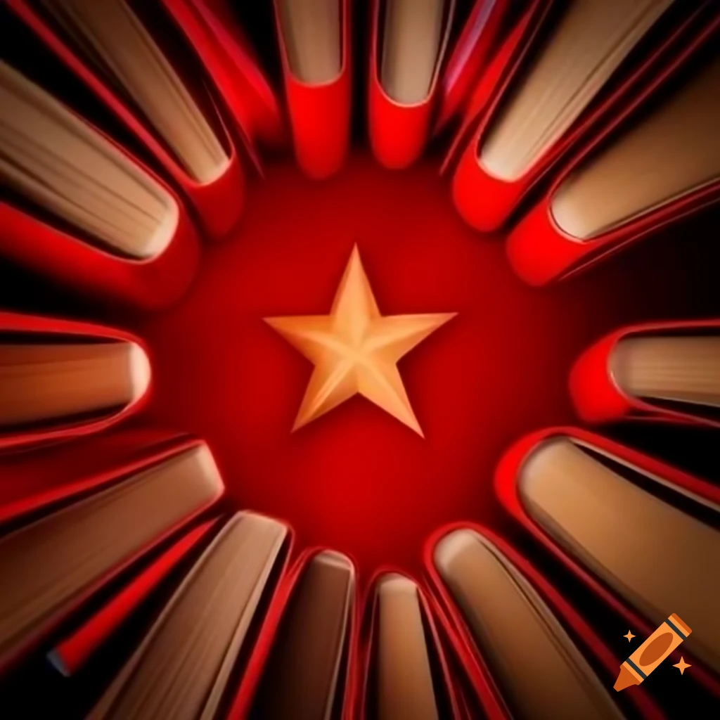 Five red books arranged in a star shape with their covers facing outward