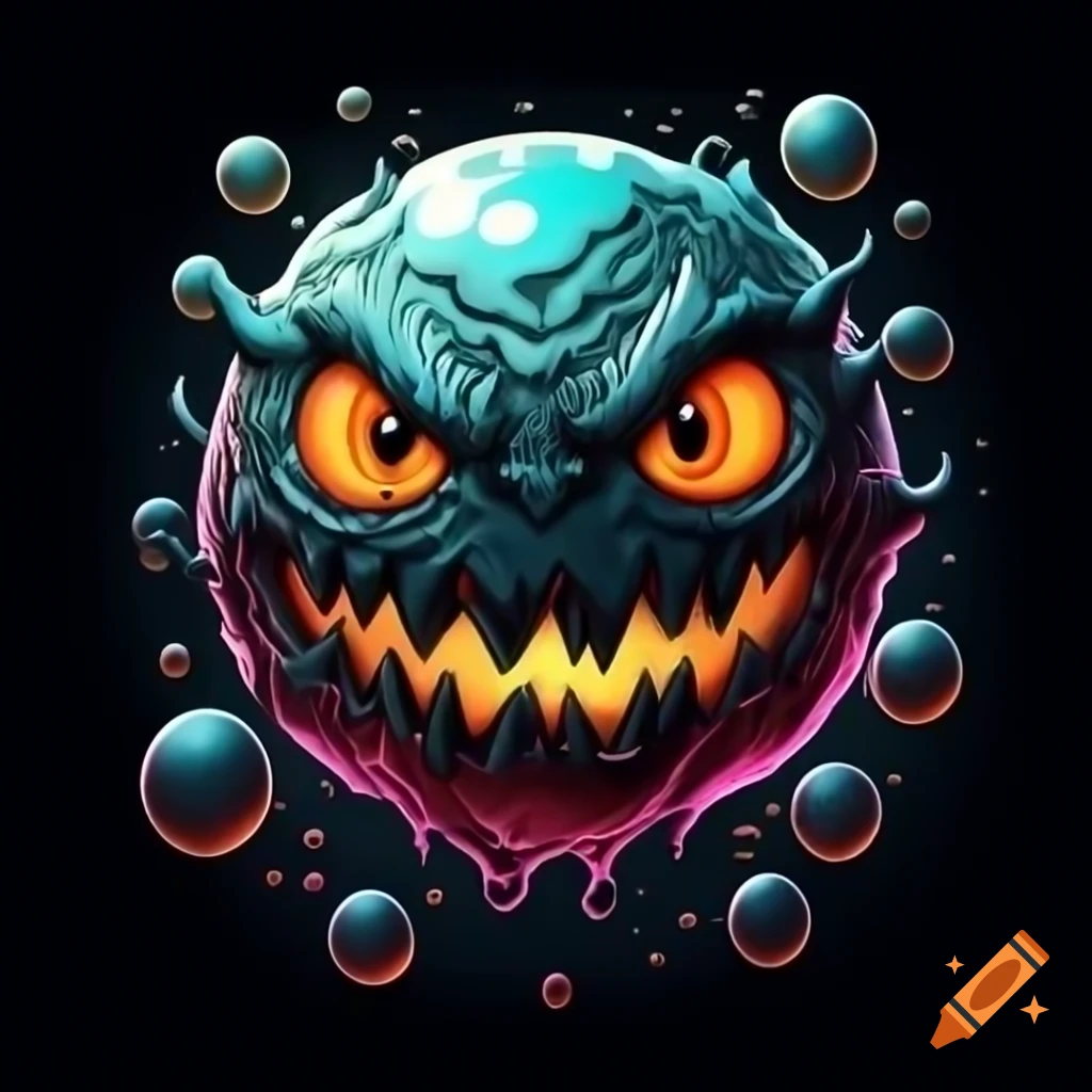Hyper realistic fantasy monster bubble with brown eyes and pumpkin mouth, mid-air with rainbow effect