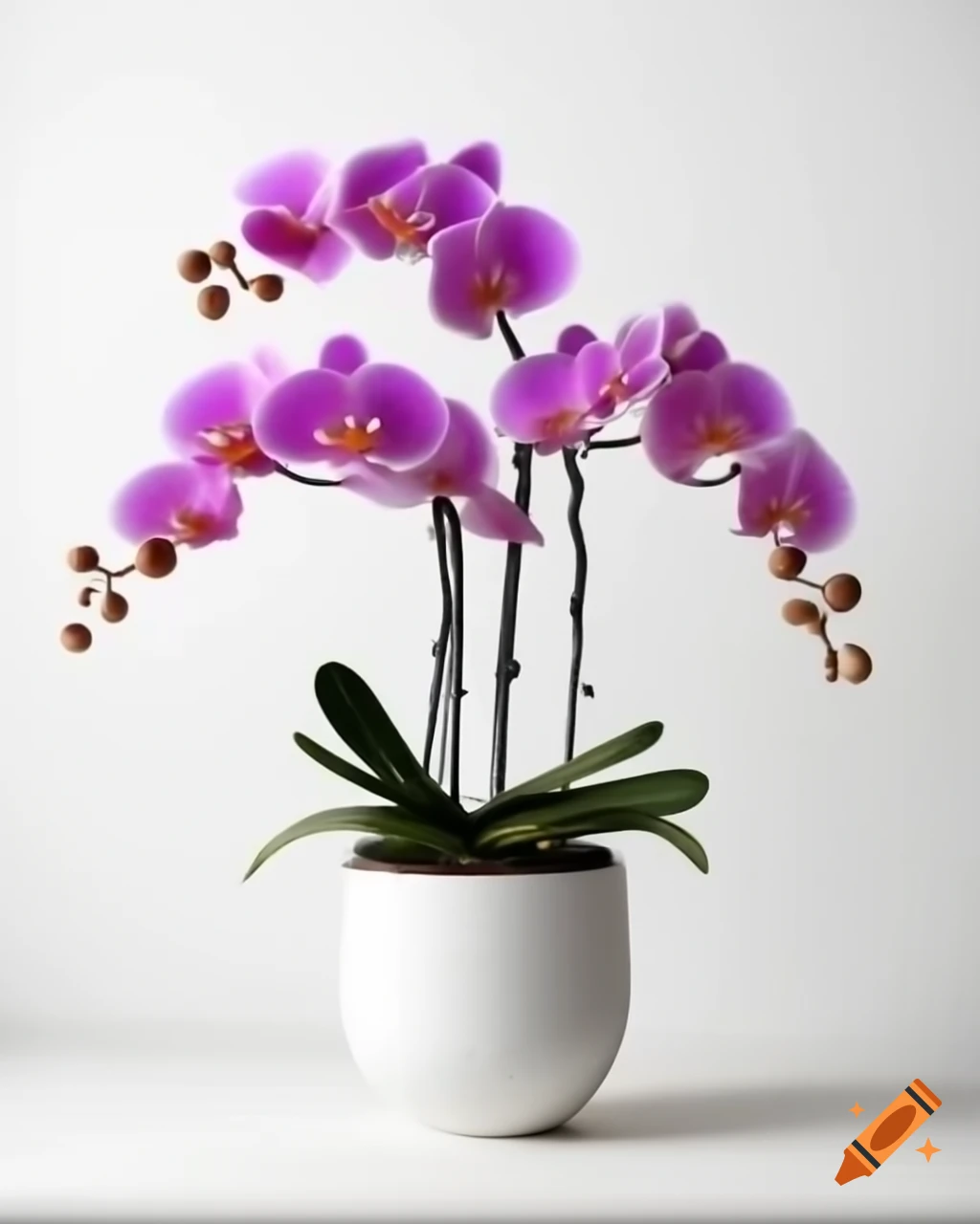 Realistic orchid in white flowerpot against clean white background