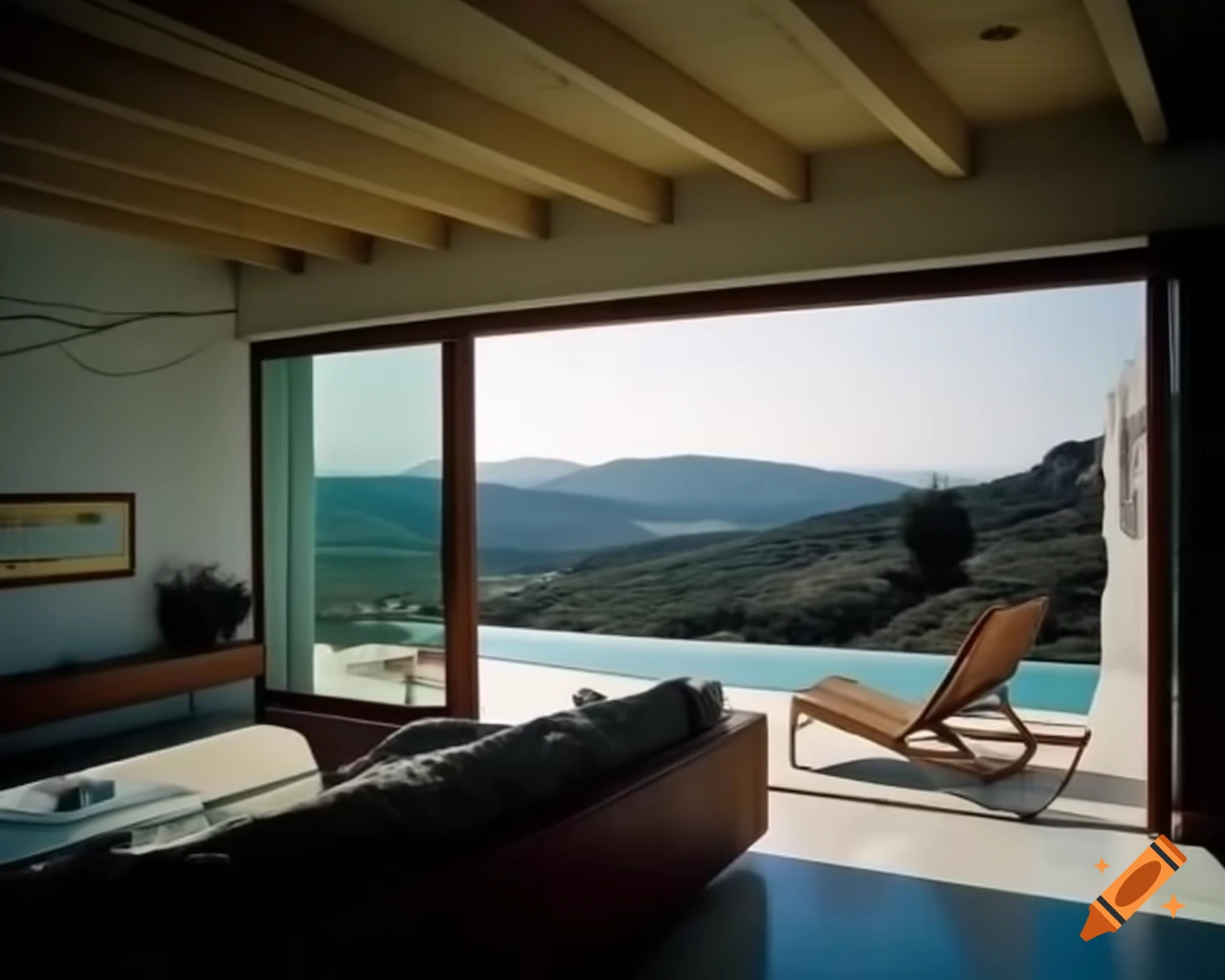 Contemporary living room in Greek home with stunning landscape views