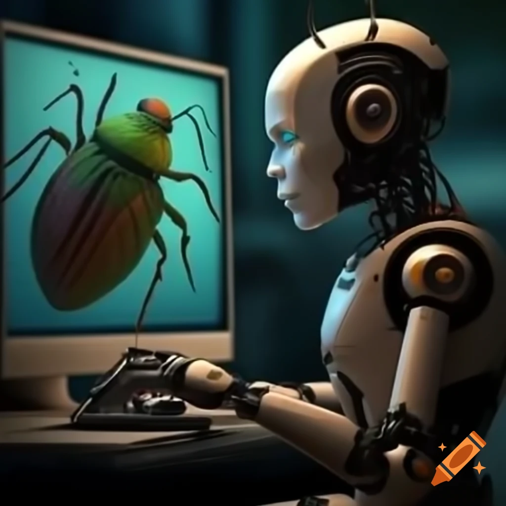 Humanoid robot observing bug on computer screen