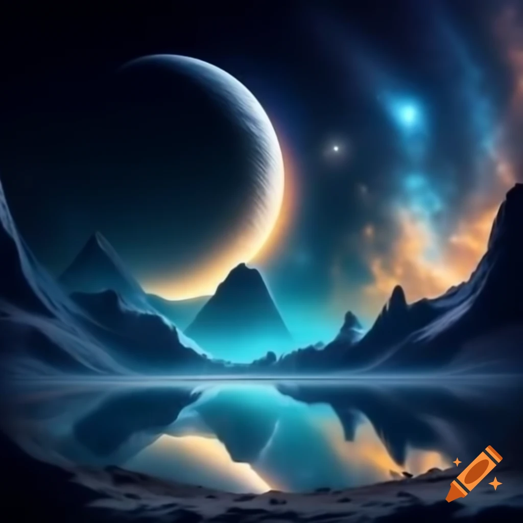 Alien landscape with two moons and visible galaxy in hyper-realistic colors