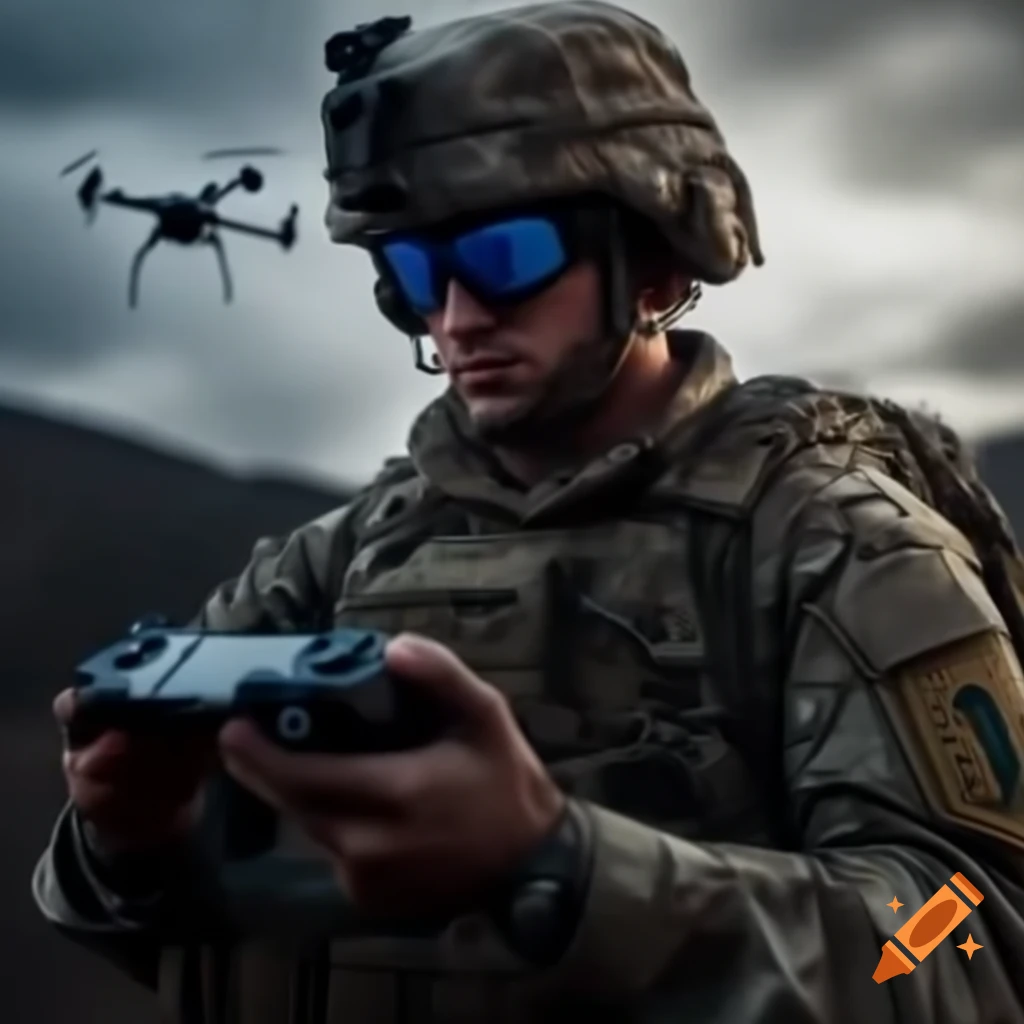 Soldier operating drone using a controller
