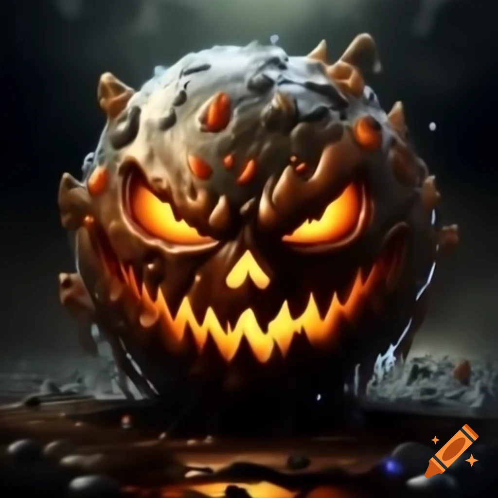 Hyper-realistic fantasy monster with oil-colored bubble, glowing eyes, and Jack O' Lantern mouth