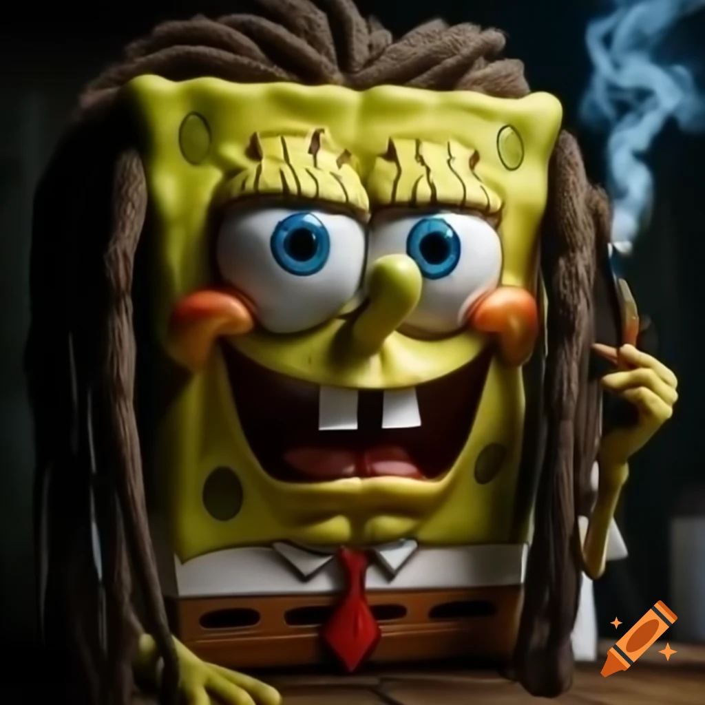 SpongeBob with long dreadlocks and cigarette in mouth