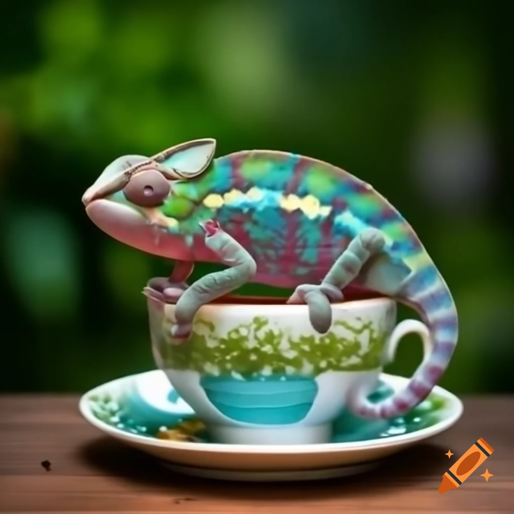 Chameleon sitting in a teacup