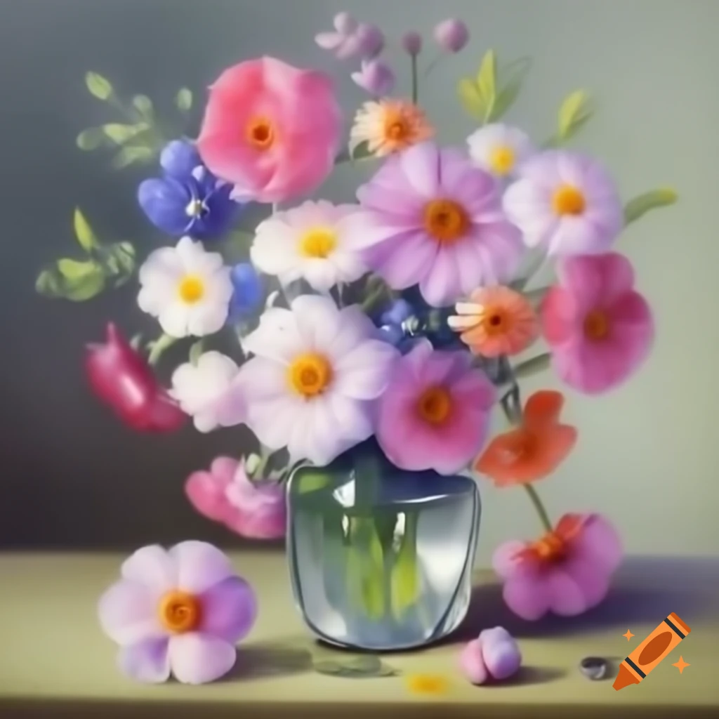 Still life painting of a vase with flowers showcasing petal textures and light reflections