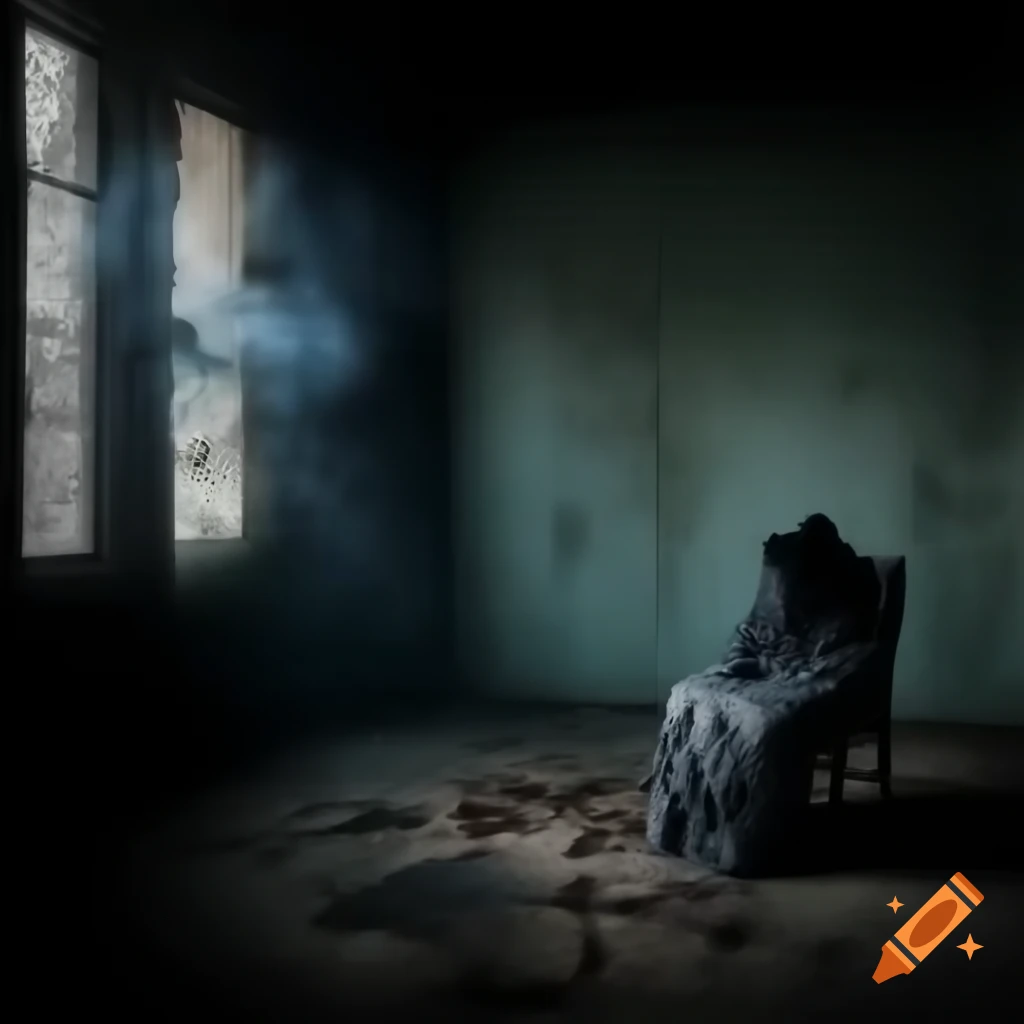 Figure sitting on tattered armchair in dim, desolate room with cracked walls