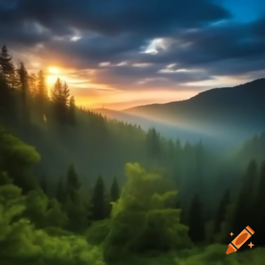 Beautiful forest with trees at sunrise