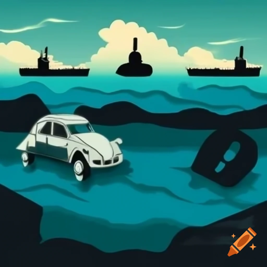 Surreal scene of Citroën 2CV submerged in waves with Titanic and Atlantis remains