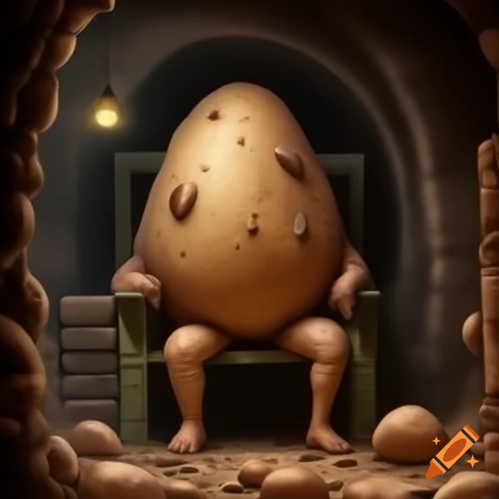 Unusual scene of potato strapped to a chair in a dungeon with therapy written on the wall