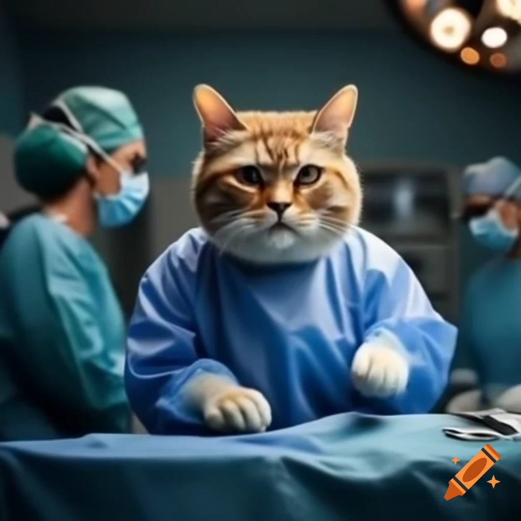 Humanoid cat dressed as a surgeon in an operating room