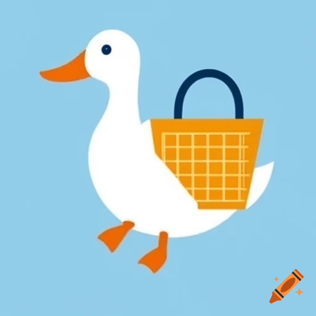 Simplified logo of duck flying with shopping basket