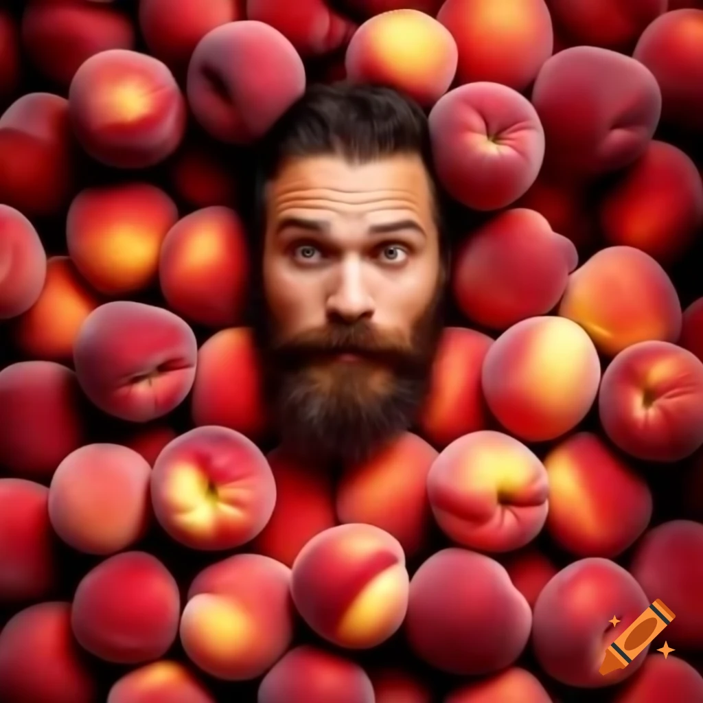 Man surrounded by abundant peaches on craiyon