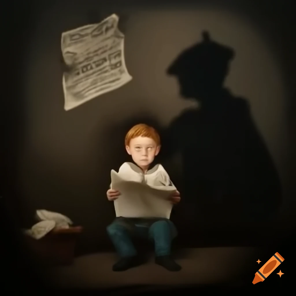 Boy reciting script with shadow of another boy in Shakespearean attire