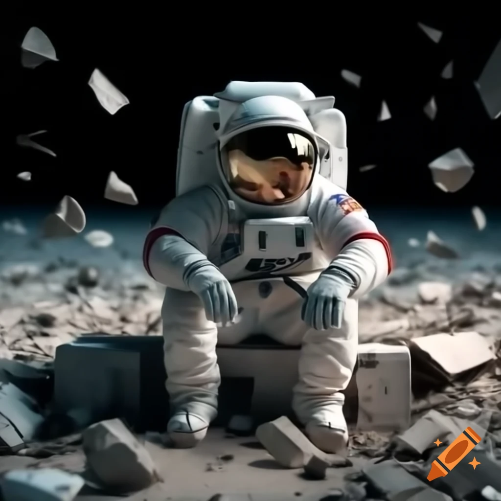 Astronaut sitting on debris, conveying psychological themes