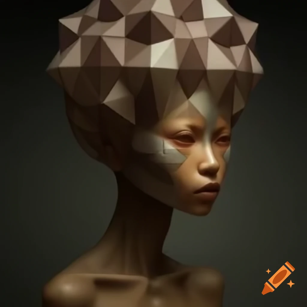 Surreal artwork of a human with geometric head and smooth forms against simple colors