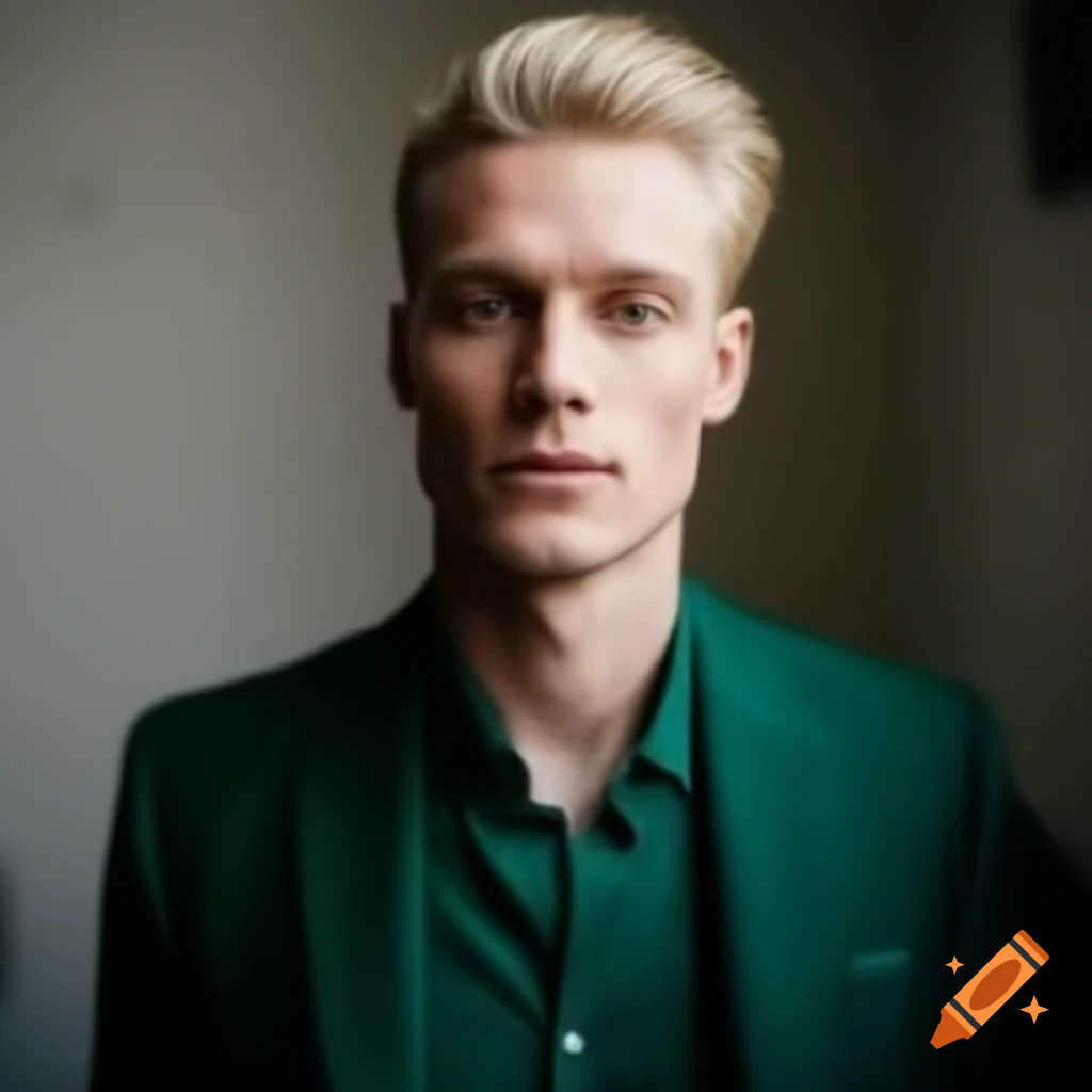 Blonde white male politician in green attire, portraying ambition