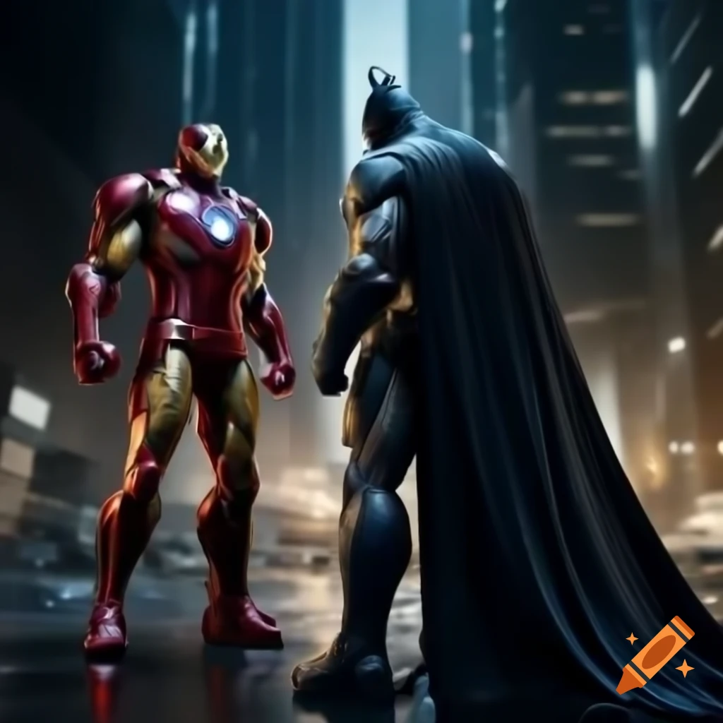 Epic battle between Batman and Iron Man in futuristic urban setting