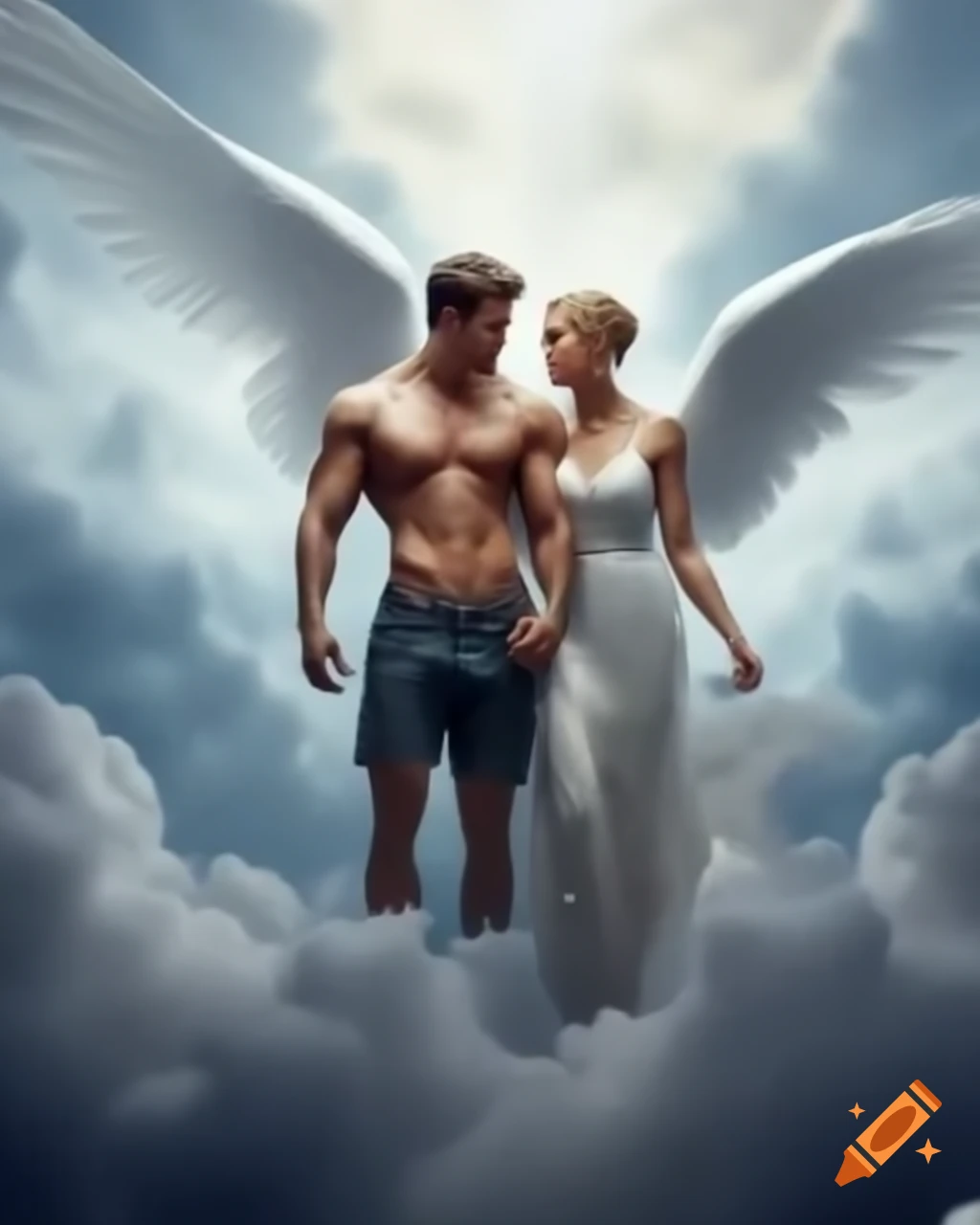 Muscular angel and human male partner in a heavenly cloud setting