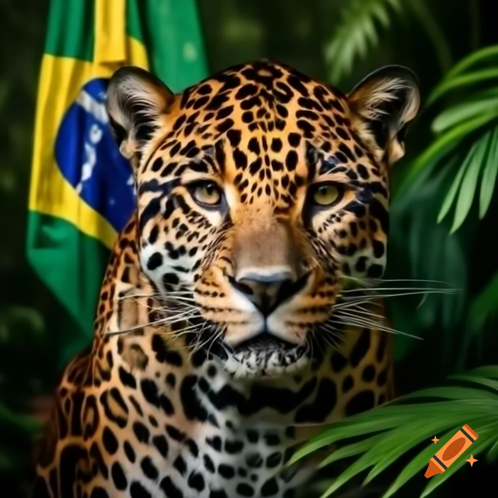 Jaguar in Amazon rainforest with Brazilian flag