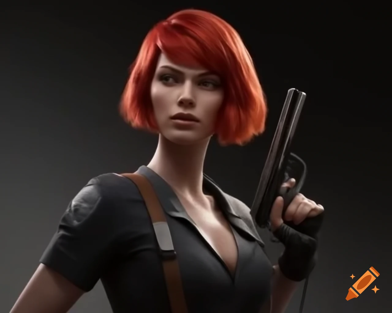  Realistic woman with red short hair in jumpsuit holding handgun on Craiyon