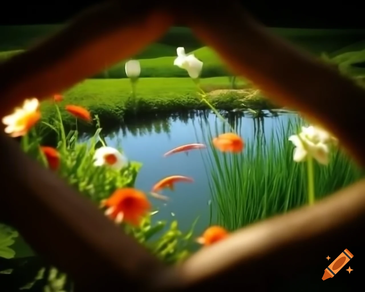 Pastoral scene with sun-drenched flowers, lush greenery, and koi ponds