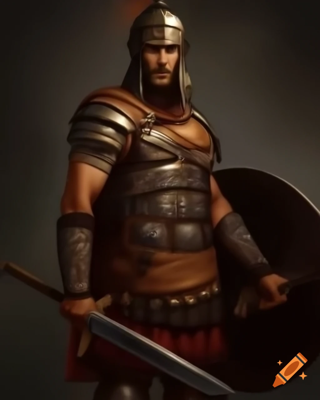 Warrior in intricate armor combining German, Spartan, and Hispanic styles