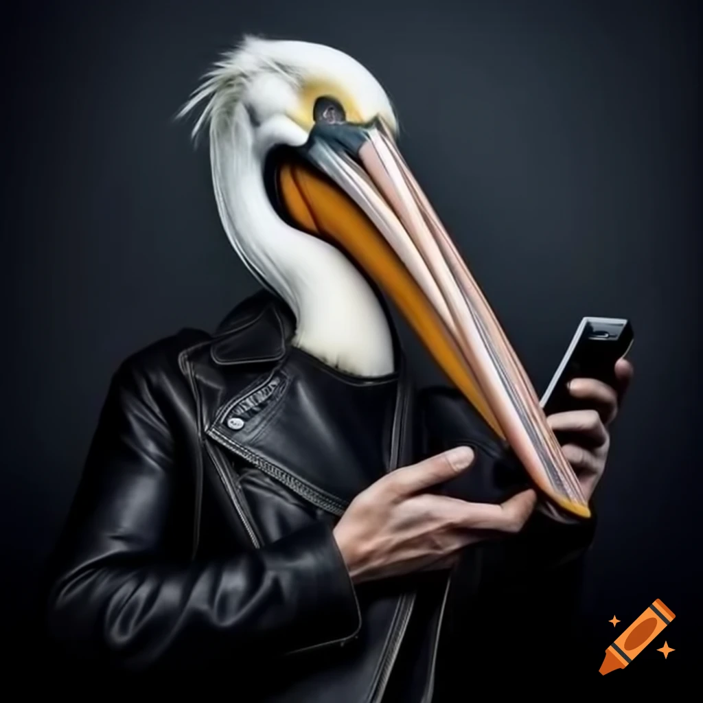 Pelican wearing leather jacket and holding an iPhone
