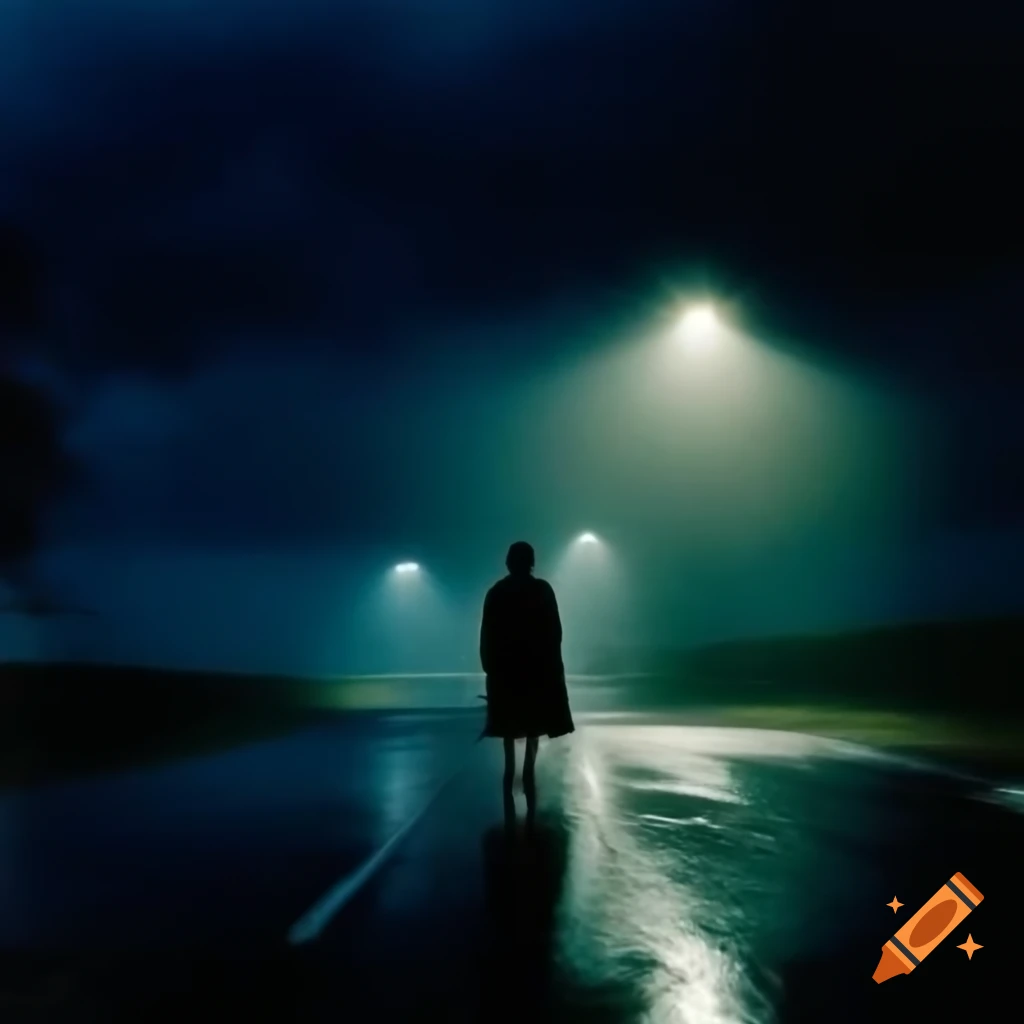 Solitary figure with torch walking on rain-slicked road at night
