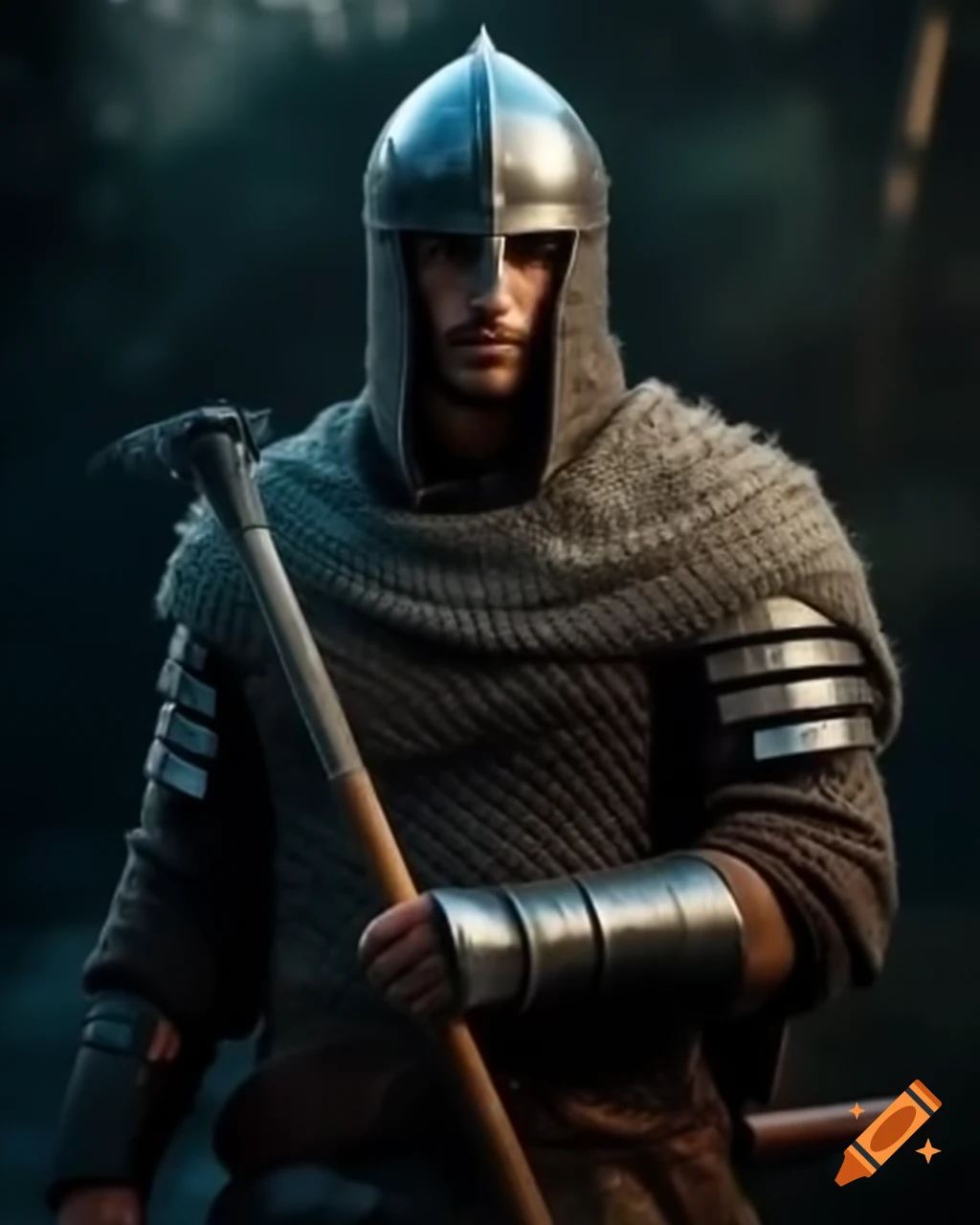 Male fantasy warrior in chainmail hauberk and helmet standing tall