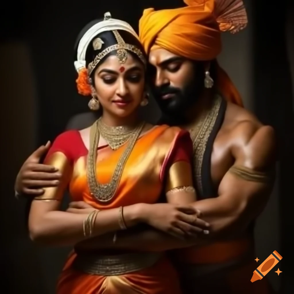 Classical Indian dancer embracing construction worker